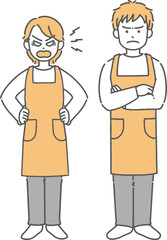 怒っているエプロンをした若い男女の全身イラスト
