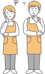 困った様子の、エプロンをしている若い男女の全身イラスト
