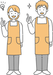 何かを閃いた、エプロンをしている若い男女の全身イラスト
