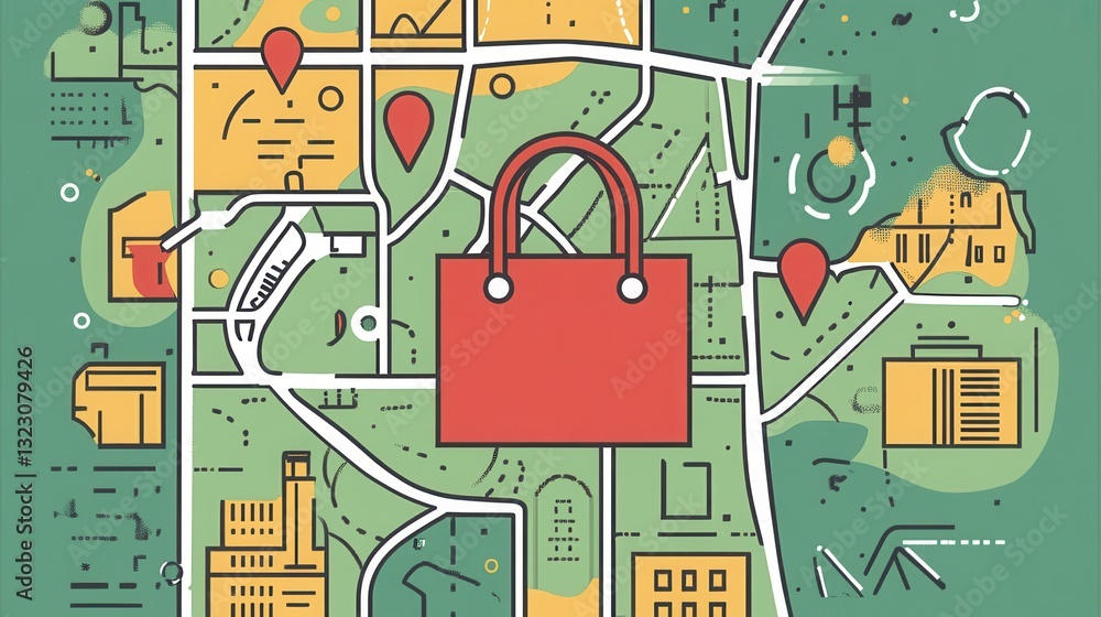 Aufkleber Elegant illustration of a grocery delivery route map featuring a bag icon and location pins in a clean design