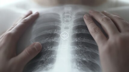 Close Up of Hands Examining a Chest X Ray with a Central Symbol Overlay
