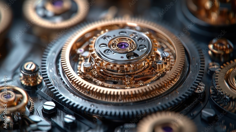 Poster close-up of intricate gold and silver gears in a complex mechanism.
