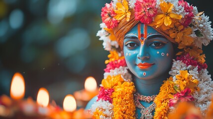 Close-up of a serene Krishna statue adorned with vibrant flowers and garlands, set against a softly lit background.