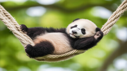 A fluffy panda cub lounges on a durable rope, swaying gently as it rests in a protected sanctuary, a safe haven where endangered wildlife thrives in a peaceful and nurturing environment