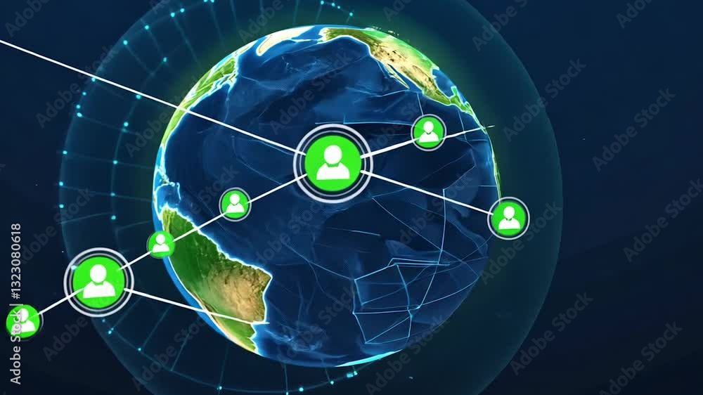 Poster digital representation of earth with interconnected user icons symbolizes global communication, netw