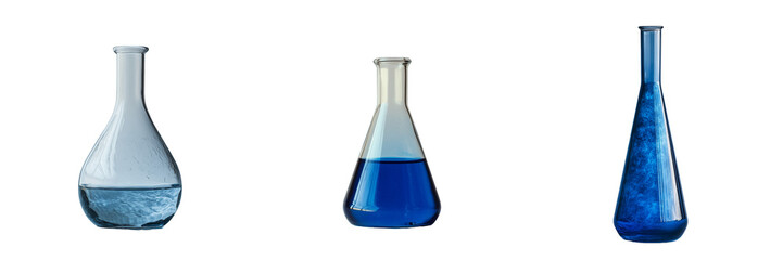 Three Glass Flasks Containing Different Blue Liquids isolated on transparent Background Laboratory Experiment Science Chemistry