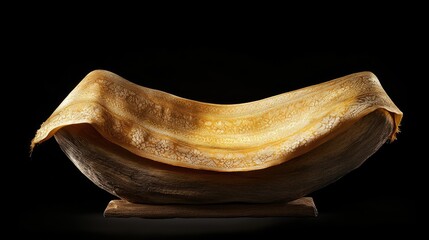 A radiant gold sari displayed on a simple wooden stand, soft lighting highlighting the fabric.