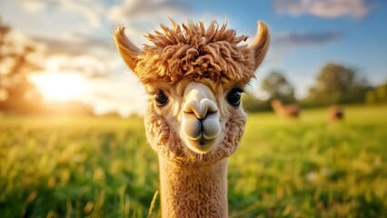 Obraz premium A close-up of a cute, fluffy alpaca with a charming expression, set against a picturesque background of a grassy field and sunset. Concept Alpaca Portrait, Fluffy Animals, Sunset Background