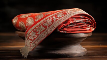 A red and gold sari folded on a wooden display stand, soft lighting emphasizing its beauty.