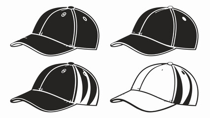 Black and white baseball cap vector illustration set, hand-drawn sports hat clipart, classic snapback and striped cap design for apparel, branding, and fashion graphics
