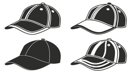 Black and white baseball cap vector illustration set, hand-drawn sports hat clipart, classic snapback and striped cap design for apparel, branding, and fashion graphics

