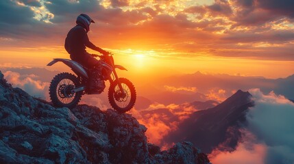 Obraz premium Motorcyclist on mountaintop at sunset.
