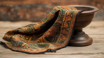 A richly colored sari placed neatly on a wooden display stand, light neutral backdrop.