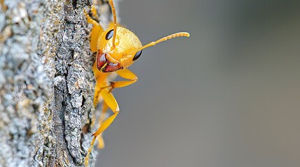 Close up Macro Photography of a Yellow Ant on Tree Bark Detailed Insect Texture