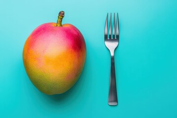 A Fresh Colorful Mango Fruit Beside a Metallic Silver Fork