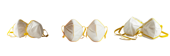 Collection of Three Pairs of White N95 Respirator Masks with Yellow Elastic Straps isolated on transparent Background