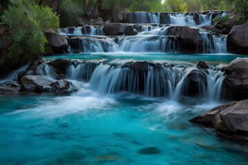 Azure waterfall cascading through a breathtaking natural scenery.