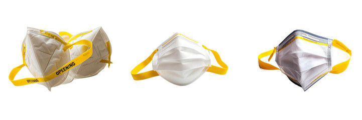Three White Face Masks with Yellow Straps Shown isolated on transparent Background