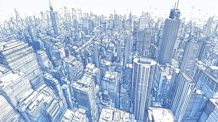 A Blue Sketch Of A Dense Urban Cityscape