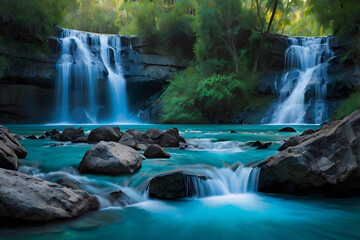 Azure waterfall cascading through a breathtaking natural scenery.