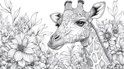 Giraffe portrait amidst flowers; coloring book page