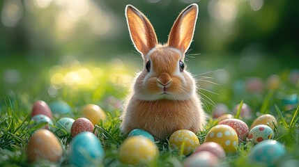 Cute bunny surrounded by colorful Easter eggs in grass.