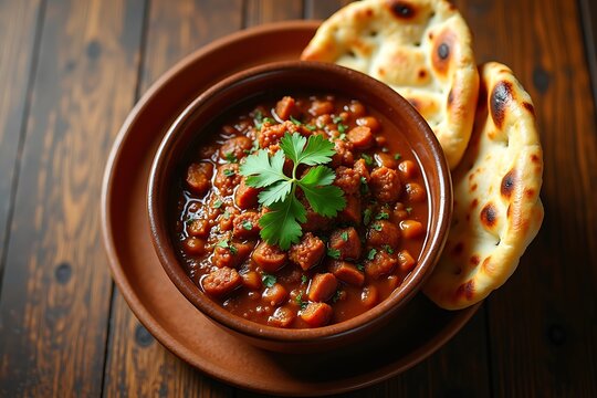 Hot and sweet beef roast / meat curry and Kerala paratha / parotta flatbread made of Maida / whole wheat flour Delhi India. Popular North Indian side dish for chapati, fried rice, roti, paratha, naan.