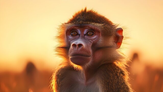 A baboon with a thoughtful expression against a warm, sunset background. Concept Baboon Portrait, Thoughtful Expression, Sunset Background, Nature Photography, Warm Colors - Powered by Adobe