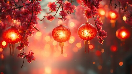 Fototapeta premium Illuminated red lanterns hanging amidst blooming pink cherry blossoms at sunset.
