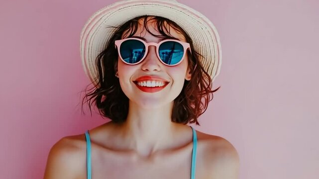 Stylish caucasian model wearing sunglasses posing on a vibrant background, summer beauty lifestyle