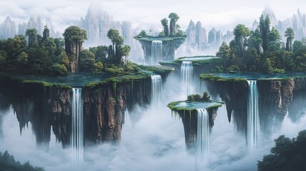 Floating Islands Cascading Waterfalls Misty Mountainscape