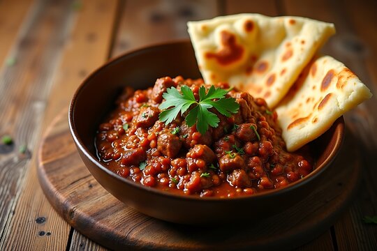 Hot and sweet beef roast / meat curry and Kerala paratha / parotta flatbread made of Maida / whole wheat flour Delhi India. Popular North Indian side dish for chapati, fried rice, roti, paratha, naan.