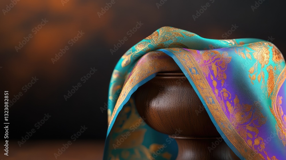 Poster bright multicolored sari displayed on a simple wooden stand, illuminated by soft background light.