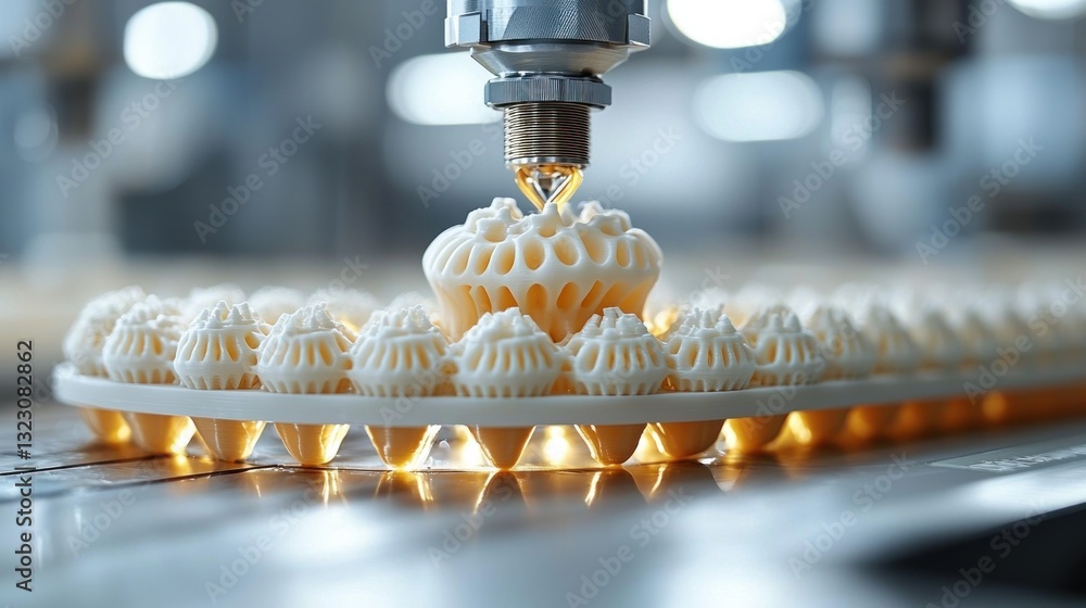 Poster 3d printer creating intricate, small, white objects on a tray.