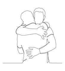Continuous one line art of men are hugging, concept teamwork, team building.