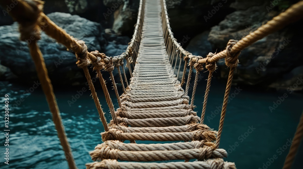 Poster conceptual image of a delicate rope bridge linking cliffs, symbolizing fragile yet vital communicati