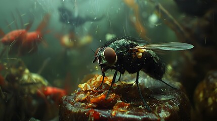 Fototapeta premium Close up Macro Photography of House Fly on Decaying Food Dark Green Background