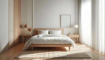 A clean and inviting bedroom features a large bed adorned with soft blankets and pillows