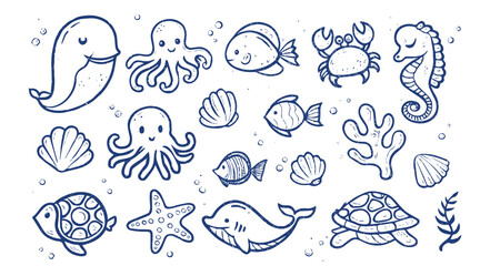 sea shells vector  sea animals, Hand drawn sea animals set