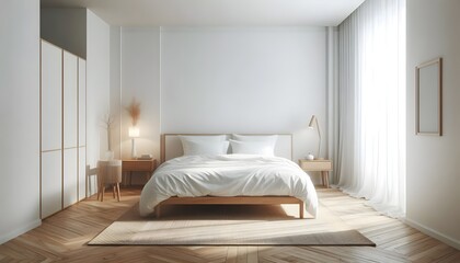 A clean and inviting bedroom features a large bed adorned with soft blankets and pillows