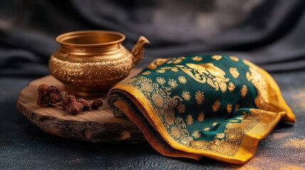 Elegant green and gold sari arranged neatly on a wooden stand with a serene light background.