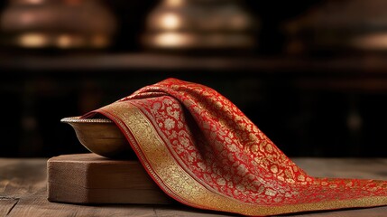 Elegant red and gold sari placed on a simple wooden stand, glowing softly under a light backdrop.