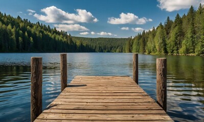 Obraz premium Scenic Wooden Dock Over Tranquil Lake | Serene Nature Landscape with Reflections & Blue Sky 