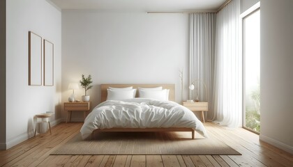 Fototapeta premium A clean and inviting bedroom features a large bed adorned with soft blankets and pillows
