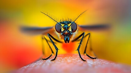 Fototapeta premium Extreme Close Up of a Striking Yellow and Black Insect on Skin Vivid Macro Photography