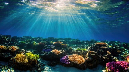 Fototapeta premium Vibrant Underwater Scene with Colorful Coral and Sunlight Beams