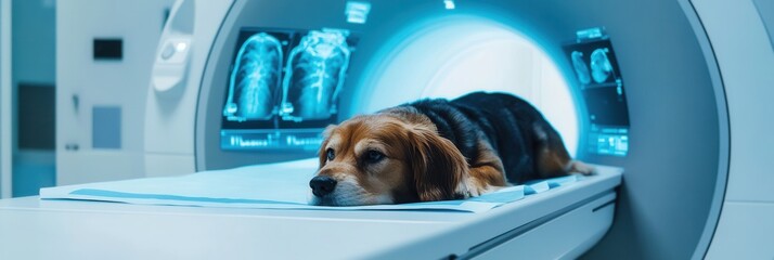 High-tech veterinary diagnostics featuring a pet undergoing medical scans in a modern clinic setting