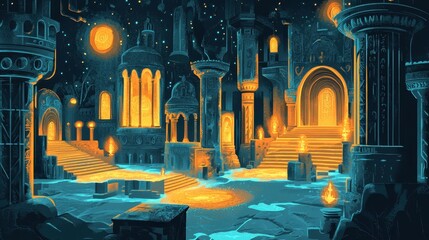 Ancient City Illuminated by Warm Lights at Night
