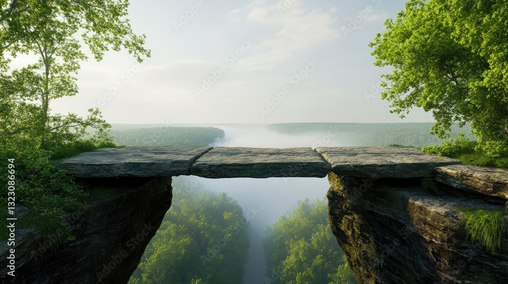 Poster stone bridge uniting two cliffs over a deep chasm, conveying resolution and trust in mediation.