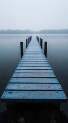 Fototapeta premium Verlassener Holzsteg im Nebel auf einem ruhigen See 